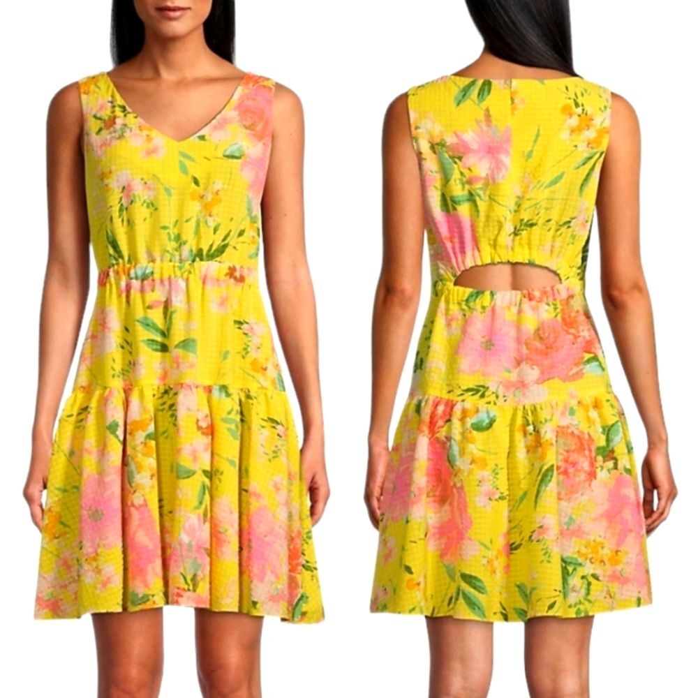Maison Tara Dress Floral Seersucker Tiered Mini Sleeveless Cut Out Pink Yellow 4